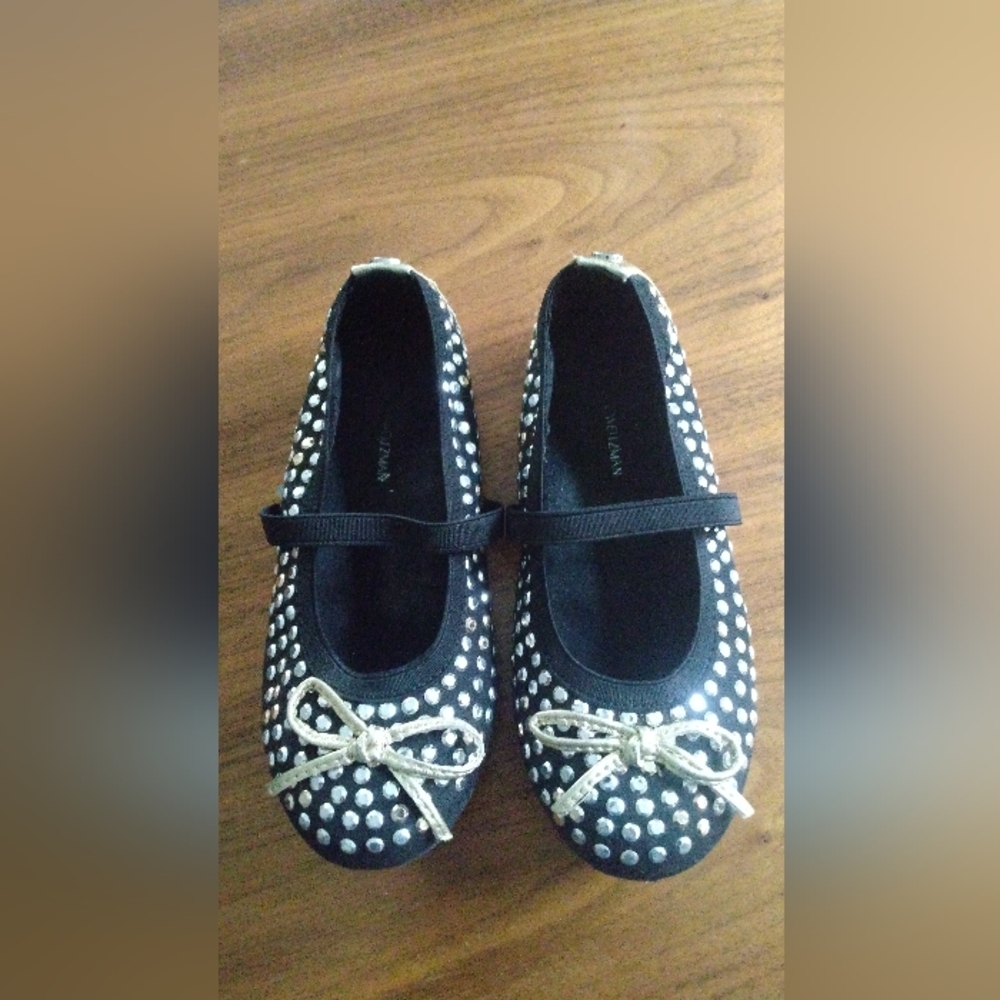 Stuart Weitzman Fannie Tara Strap Ballet Flats w/gold bows&metallic studs sz12
